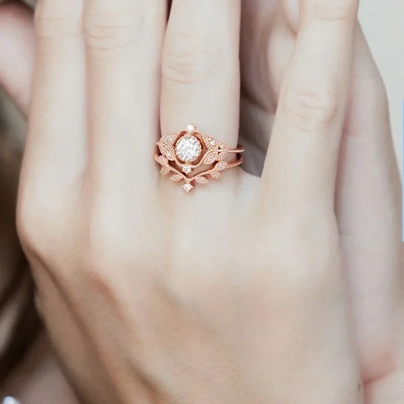 Michellia 14K rose gold + Australian fire opal floral ring set - Picture 2 of 9